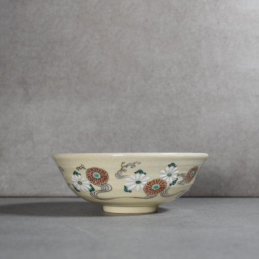 Kyo-yaki Summer Hira-gata Chrysanthemum Chawan