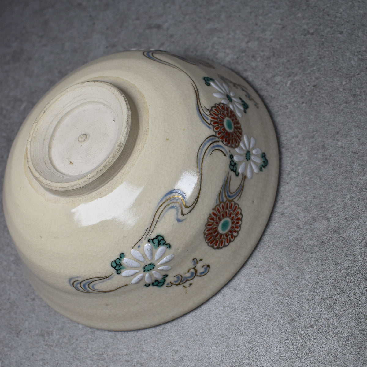 Kyo-yaki Summer Hira-gata Chrysanthemum Chawan